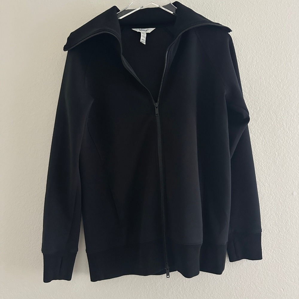 Spanx AirEssentials Full Zip Jacket Women S Black Mock Neck Thumbhole Athleisure
